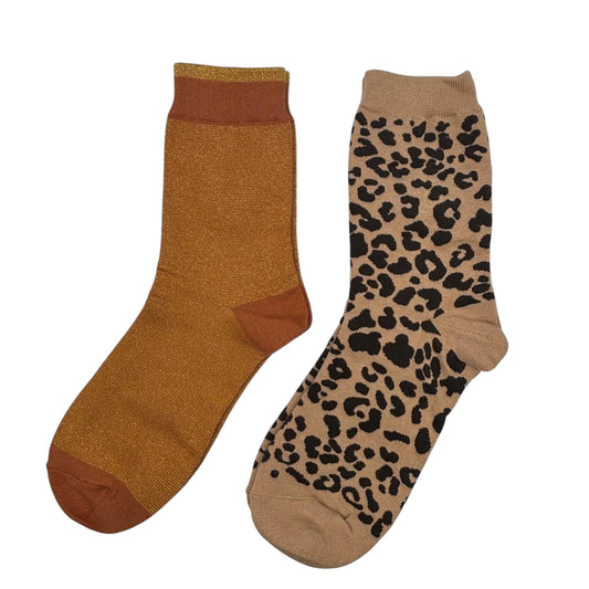Duo de chaussettes Copper Tokyo & Sand Leopard avec broche Tête de Tigre