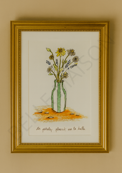 Illustration à l'aquarelle - Les pétales pleuvent sur la table