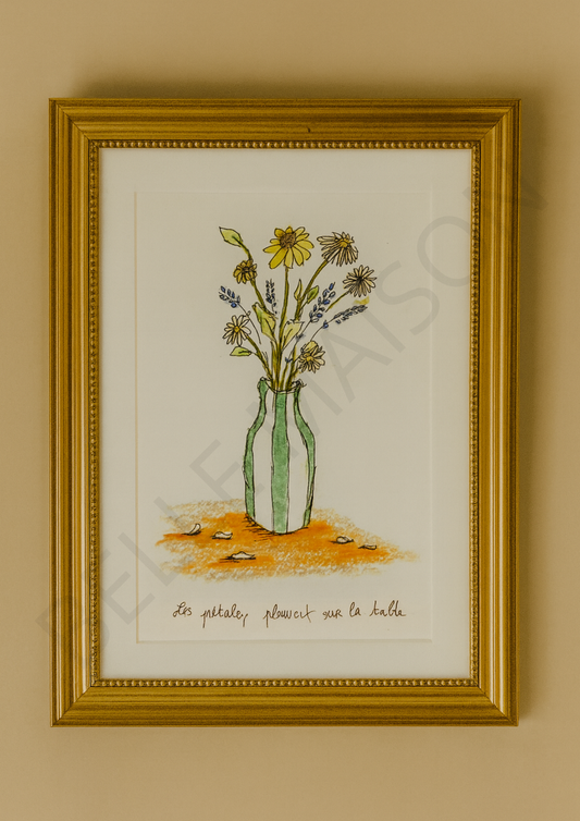 Illustration à l'aquarelle - Les pétales pleuvent sur la table