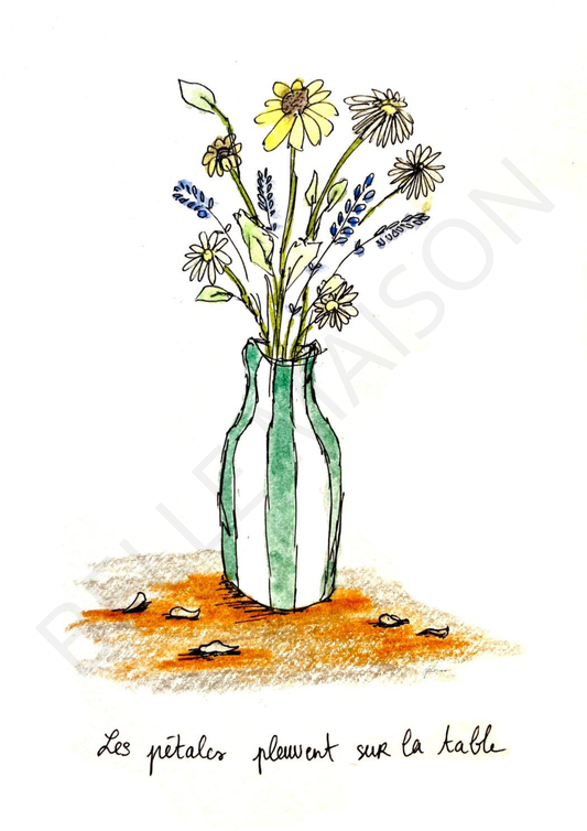 Illustration à l'aquarelle - Les pétales pleuvent sur la table