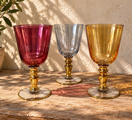 Trio de verres colorés sur pied doré - produits chinés