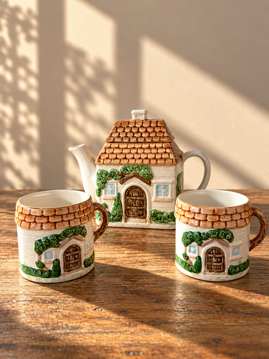Lot théière anglaise + 2 tasses "cottage" - produits chinés