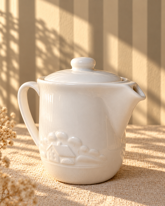 Cafetière en porcelaine, relief maison - produit chiné