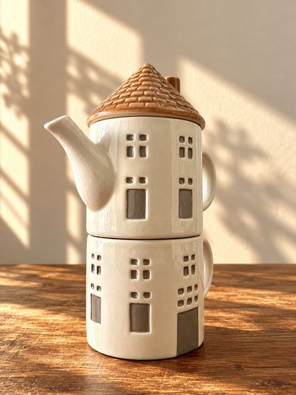 Théière + tasse maison empilable - produit chiné