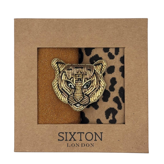 Duo de chaussettes Copper Tokyo & Sand Leopard avec broche Tête de Tigre